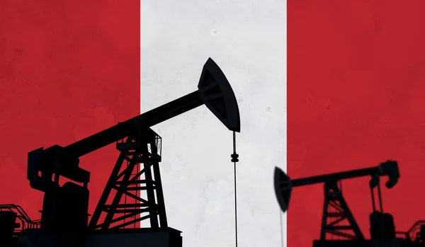 Oil and gas industry background. Oil pump silhouette against peru flag. 3D Rendering — Stok fotoğraf