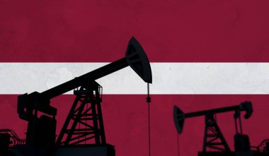 Petrol ve gaz endüstrisinin geçmişi. Letonya bayrağına karşı yağ pompası silueti. 3B Hazırlama