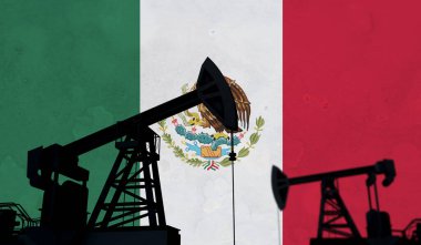 Petrol ve gaz endüstrisinin geçmişi. Meksika bayrağına karşı yağ pompası silueti. 3B Hazırlama