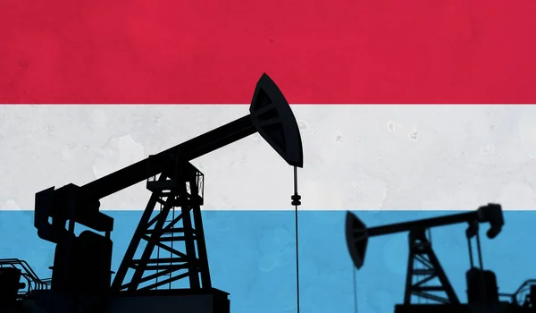 Oil and gas industry background. Oil pump silhouette against luxembourg flag. 3D Rendering — Foto de Stock