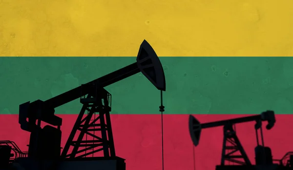 Oil and gas industry background. Oil pump silhouette against lithuania flag. 3D Rendering — стоковое фото