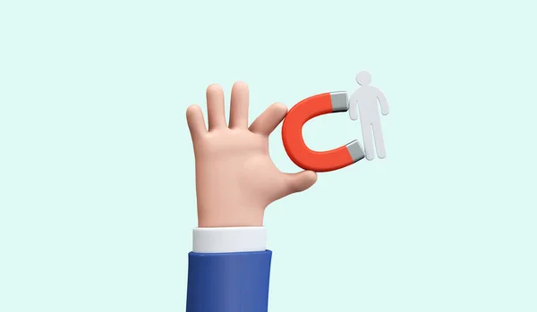 Χέρι κρατώντας ένα μαγνήτη προσελκύοντας νέους πελάτες ή την πρόσληψη νέων μελών του προσωπικού. 3D απόδοση — Φωτογραφία Αρχείου
