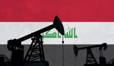 Petrol ve gaz endüstrisinin geçmişi. Irak bayrağına karşı yağ pompası silueti. 3B Hazırlama