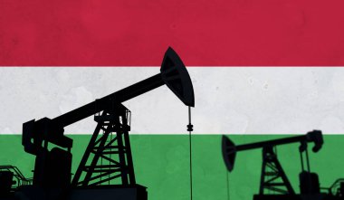 Petrol ve gaz endüstrisinin geçmişi. Hungary bayrağına karşı yağ pompası silueti. 3B Hazırlama