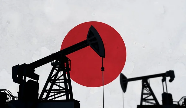 Предпосылки для нефтегазовой отрасли. Силуэт нефтяного насоса против японского флага. 3D рендеринг — стоковое фото