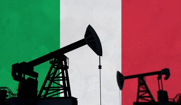 石油・ガス産業の背景。イタリアの旗に対するオイルポンプシルエット。3Dレンダリング — ストック写真