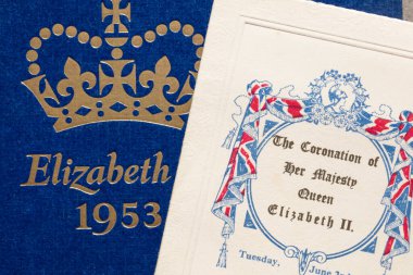 LONDON, UK - May 2022: Vintage coronation of Queen Elizabeth II leaflet