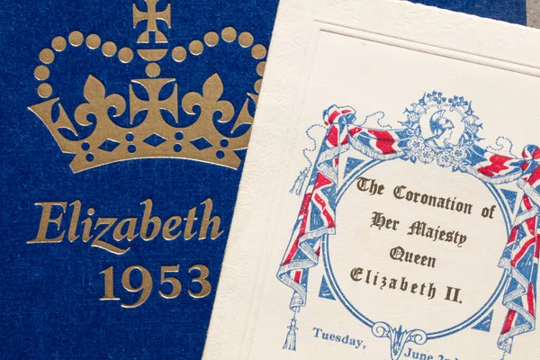 LONDON, UK - May 2022: Vintage coronation of Queen Elizabeth II leaflet — Stok Foto