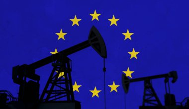 Petrol ve gaz endüstrisinin geçmişi. Avrupa Birliği bayrağına karşı yağ pompası silueti. 3B Hazırlama