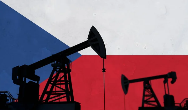 Oil and gas industry background. Oil pump silhouette against czech republic flag. 3D Rendering — Foto de Stock