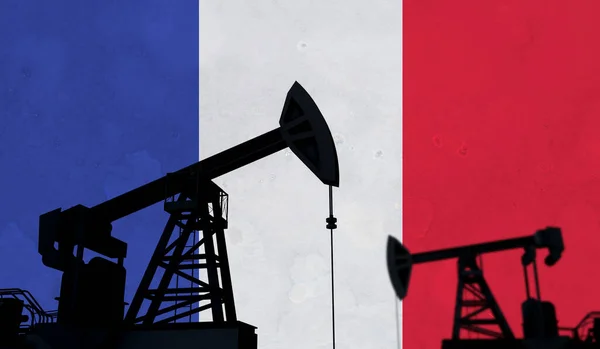Oil and gas industry background. Oil pump silhouette against france flag. 3D Rendering — стоковое фото