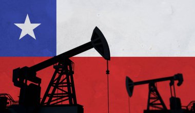 Petrol ve gaz endüstrisinin geçmişi. Şili bayrağına karşı yağ pompası silueti. 3B Hazırlama
