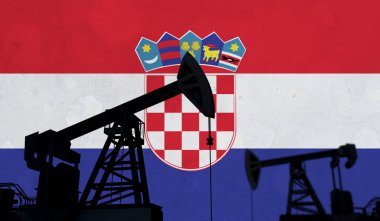 Petrol ve gaz endüstrisinin geçmişi. Hırvat bayrağına karşı yağ pompası silueti. 3B Hazırlama