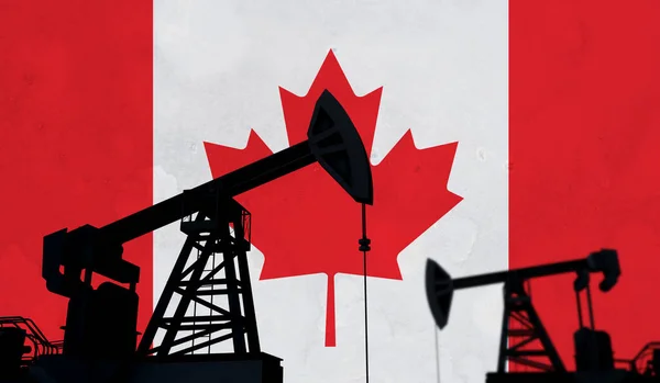 Oil and gas industry background. Oil pump silhouette against a canada flag. 3D Rendering — Foto de Stock