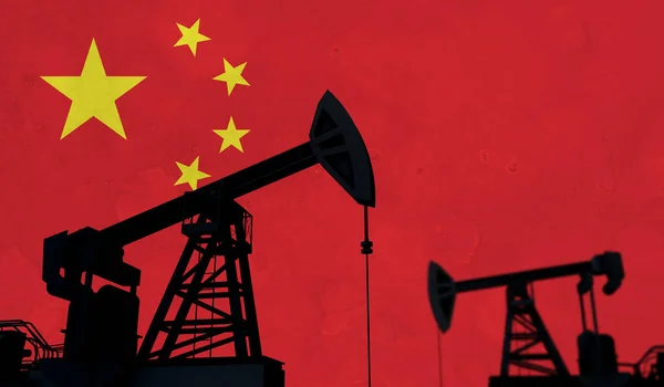 Oil and gas industry background. Oil pump silhouette against china flag. 3D Rendering — Foto de Stock