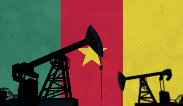 Oil and gas industry background. Oil pump silhouette against a cameroon flag. 3D Rendering — Foto Stock