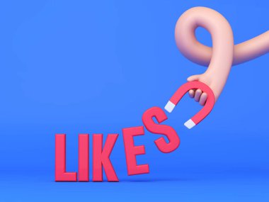 Hand holding a magnet attracting more social media likes. 3D Rendering