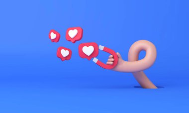 Hand holding a magnet attracting social media likes. 3D Rendering