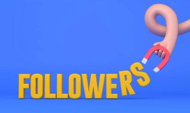 Hand holding a magnet attracting more social media followers. 3D Rendering