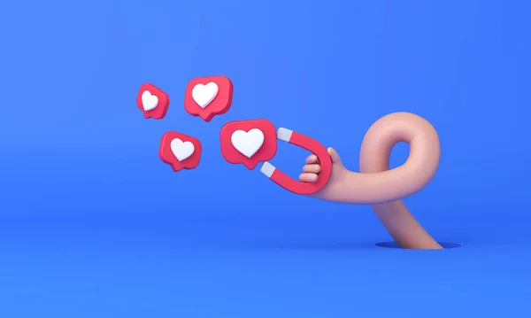 Hand holding a magnet attracting social media likes. 3D Rendering — 스톡 사진