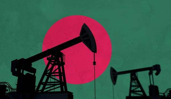 石油・ガス産業の背景。バングラデシュフラグに対するオイルポンプシルエット。3Dレンダリング — ストック写真