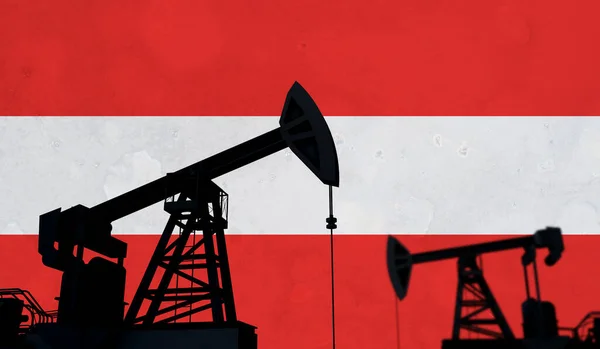石油・ガス産業の背景。オーストリアの旗に対するオイルポンプのシルエット。3Dレンダリング — ストック写真