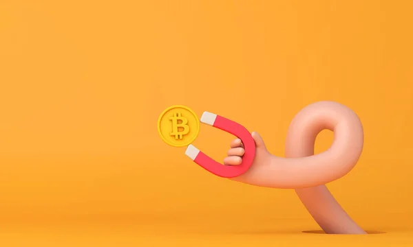 Mano de dibujos animados sosteniendo un imán que atrae monedas criptomoneda bitcoin. Renderizado 3D —  Fotos de Stock