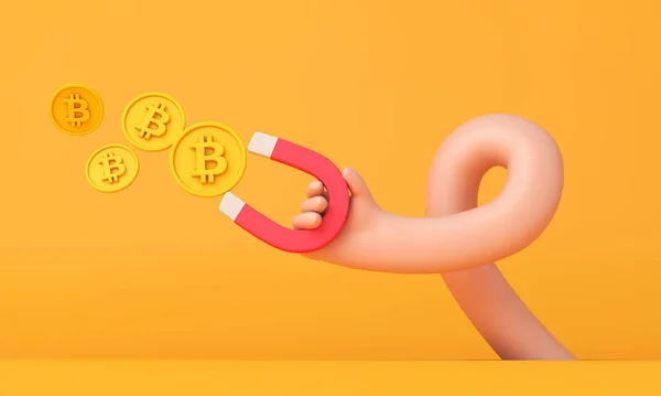 Mano de dibujos animados sosteniendo un imán que atrae monedas criptomoneda bitcoin. Renderizado 3D —  Fotos de Stock