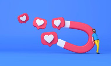 A man standing next to a large magnet attracting social media likes. 3D Render