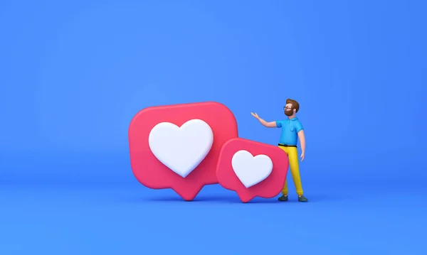 Social media likes concept. Cartoon character man standing next to a like social icon. 3D Render — Zdjęcie stockowe