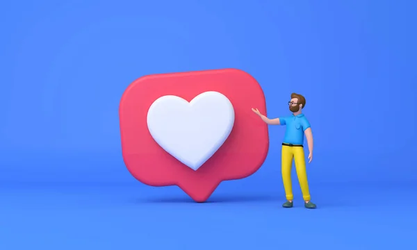 Social media likes concept. Cartoon character man standing next to a like social icon. 3D Render