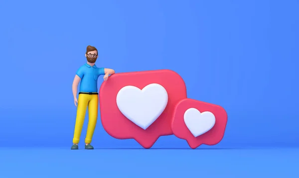 Social media likes concept. Cartoon character man standing next to a like social icon. 3D Render — стоковое фото