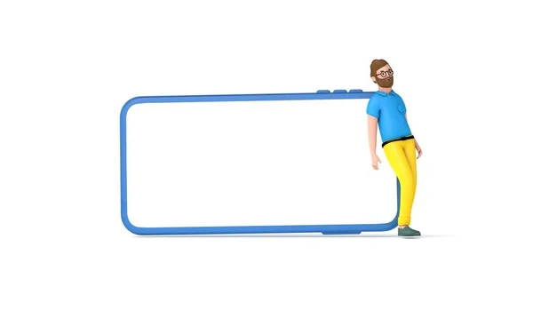 Hipster άνθρωπος χαρακτήρα κινουμένων σχεδίων στέκεται δίπλα σε ένα μεγάλο smartphone με ένα κενό mock up οθόνη. 3D αποτύπωση — Φωτογραφία Αρχείου