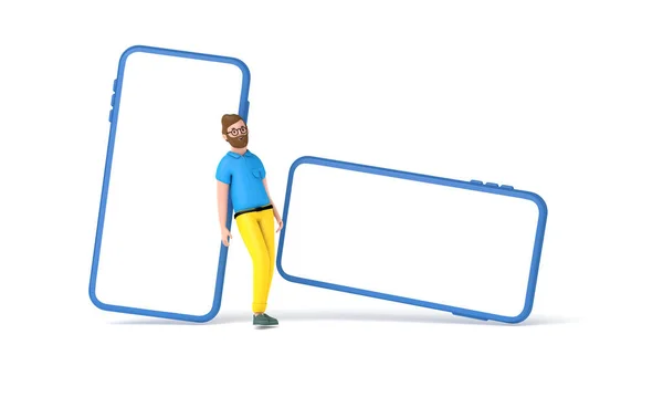 Hipster man cartoon character standing next to a large smartphone with a blank mock up screen . 3D Render — Stockfoto