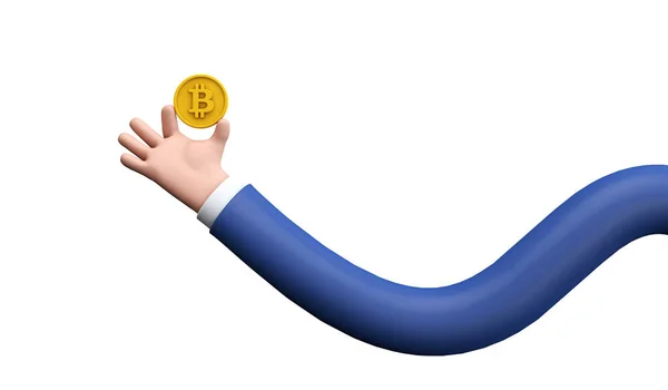 Рука в стиле мультфильма держит криптовалютную монету биткойна. 3D Render — стоковое фото