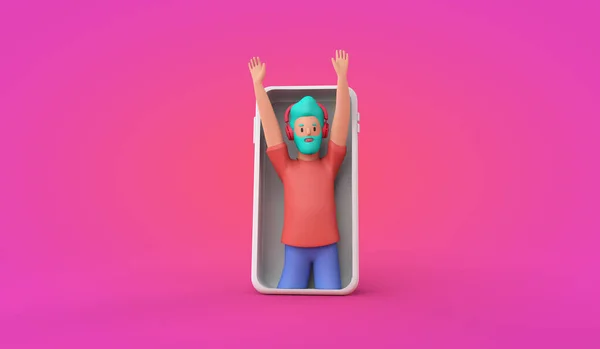 Επίδραση στα κοινωνικά δίκτυα. Κινούμενο πρόσωπο χαρακτήρα στέκεται μέσα σε ένα smartphone. 3D αποτύπωση — Φωτογραφία Αρχείου