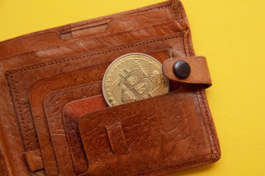 Kahverengi deri kripto banknot cüzdanı ve bitcoin altın para. Dijital finans kavramı