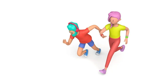 Hombre y mujer corriendo juntos. ilustración de entrenamiento de fitness. Renderizado 3D — Foto de Stock