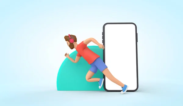 Fitness executando conceito aplicativo. Renderização 3d. Personagem de desenhos animados.corredor masculino com um smartphone em branco — Fotografia de Stock