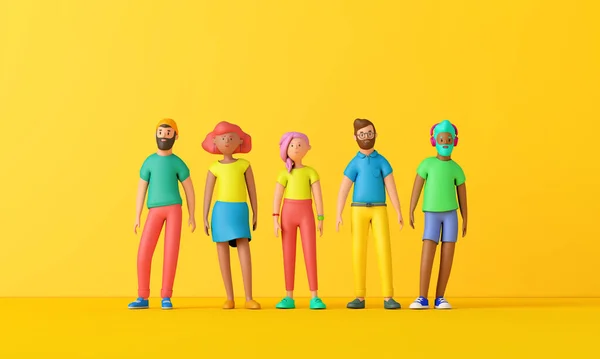 Grupo de personas diversas de pie juntos. Estilo de personaje de dibujos animados 3D. Renderizado 3D —  Fotos de Stock