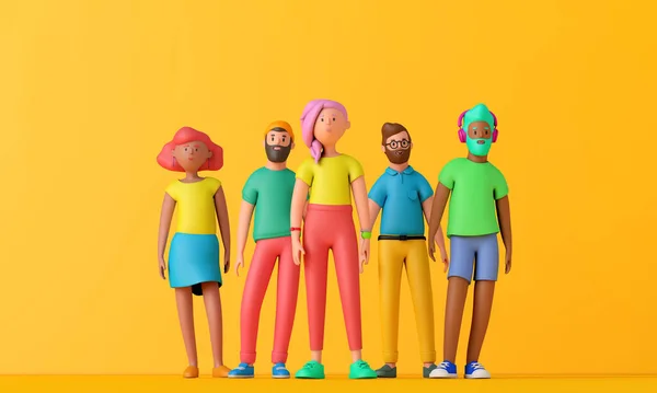 Group of diverse people standing together. 3D cartoon character style. 3D Rendering