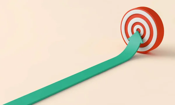 Panah mengarah ke tengah target merah dan putih. Konsep tujuan bisnis. Perenderan 3D — Stok Foto