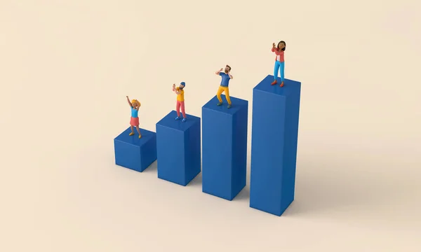 事業の成長と開発図。棒グラフ上の人々。3Dレンダリング — ストック写真
