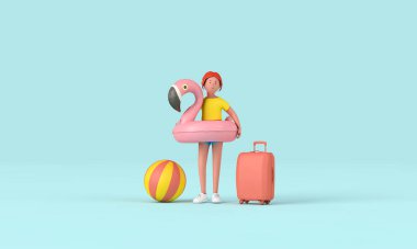 3 boyutlu kadın karakter pembe şişirilebilir flamingo havuz şamandırası takıyor. Yaz kavramı. 3B Hazırlama.