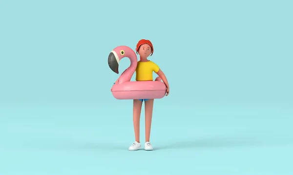 ピンクのインフレータブルフラミンゴプールフロートを身に着けている3D女性キャラクター 夏のコンセプト 3Dレンダリング — ストック写真
