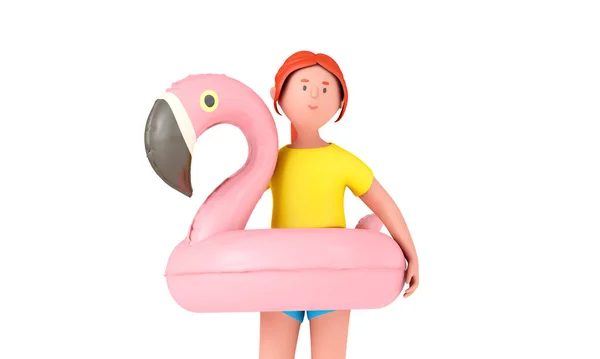 Женщина Персонаж Носить Розовый Надувной Фламинго Бассейн Платформу Летняя Концепция — стоковое фото