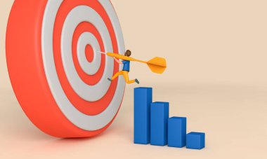 Erkek karakter bir hedefe dart atıyor. İş hedefleri kavramı. 3B Hazırlama.