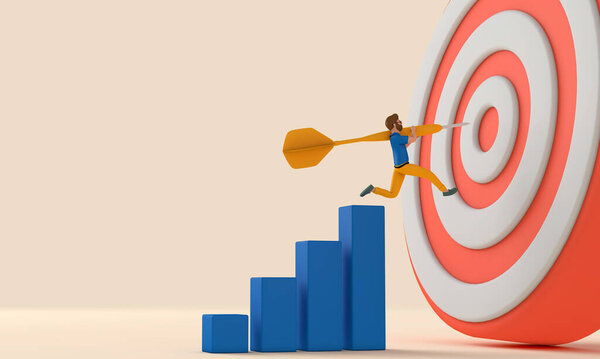 Male character throwing dart into a target. Business goals concept. 3D Rendering.