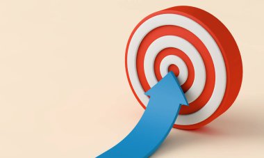 Ok kırmızı ve beyaz bir hedefi işaret ediyor. İş, konsepti hedefler. 3B Hazırlama.