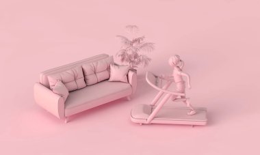 Evde koşu bandında koşan bir kadın. 3B Hazırlama.